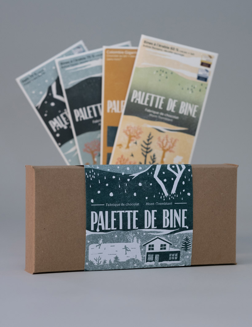 boite contenant un ensemble de 2 palettes de chocolat noir et 2 palettes de chocolat au lait