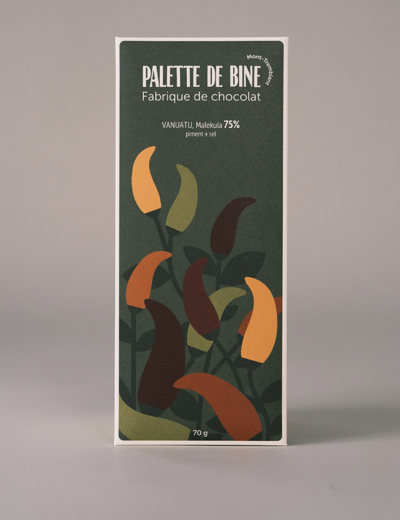 Emballage de la tablette de chocolat Vuanatu Malekula 75% cacao piment et sel